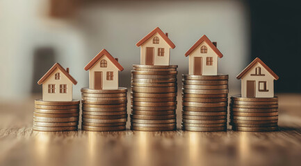 Real estate market growth and property value, with small houses standing on top stacks of coins, against blurred green background