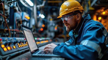 Engineer man working with laptop inside a factory orange suit and yellow safety hat