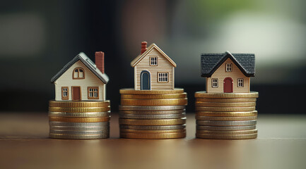 Real estate market growth and property value, with small houses standing on top stacks of coins, against blurred green background