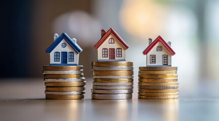 Real estate market growth and property value, with small houses standing on top stacks of coins, against blurred green background