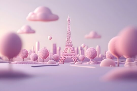 Whimsical Parisian Landscape with Eiffel Tower and Pastel Pink Clouds in Minimalist 3D