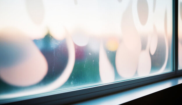Frosted window with soft bokeh effect and a blurred view of a colorful sunset