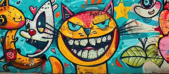 Colorful Street Art Mural Featuring a Grinning Cat