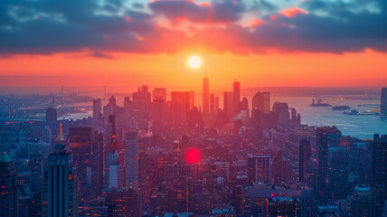 Fototapeta premium super busy city bird view, epic energy, sunrise light.generative ai
