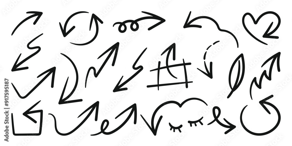 Fototapete hand drawn arrow mark icons vector. scribble doodle underline emphasis line shape set. brush stroke 