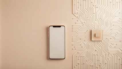 A white iPhone is sitting on a wall next to a circuit board