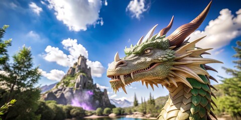 Fototapeta premium A dragon is standing in front of a mountain