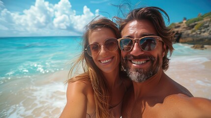 Obraz premium Happy couple wearing sunglasses take a selfie on a beautiful tropical beach with white sand and turquoise water under a bright blue sky