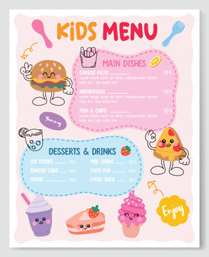 Cute colorful kids meal menu vector template