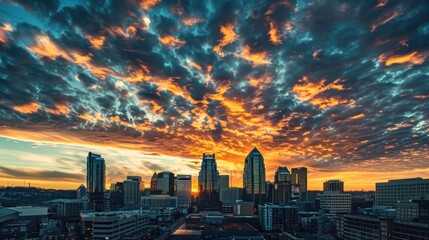 Fototapeta premium Cityscape at Sunset with Dramatic Clouds