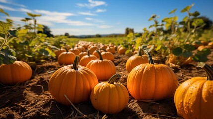 A field of pumpkins with a blue sky in the background