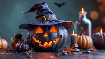 Spooky Halloween Pumpkin with Witch Hat