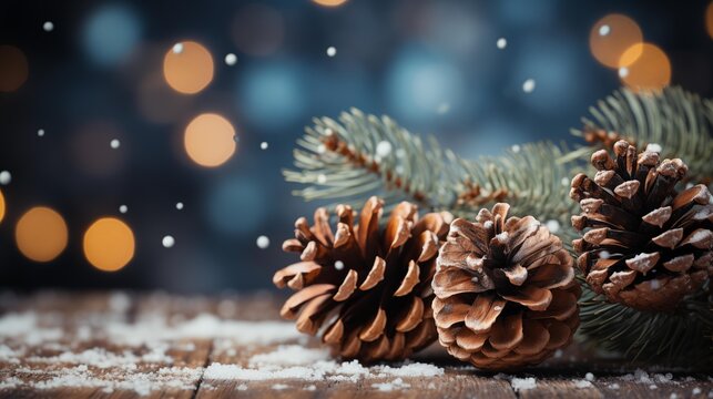 Three pine cones are on a wooden table with snow on them