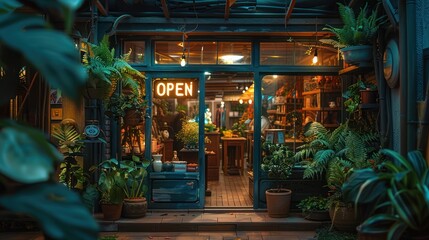 Warmly lit storefront with a clear open sign hanging in the window surrounded by lush green plants, inviting customers into the cozy and welcoming shop