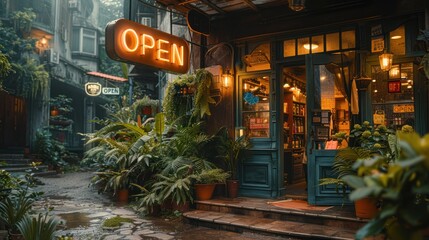 Warmly lit storefront with a clear open sign hanging in the window surrounded by lush green plants, inviting customers into the cozy and welcoming shop