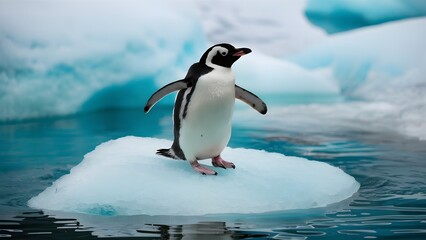 Fototapeta premium A penguin is standing on a floating island surrounded by ice water
