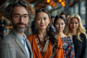 Obraz premium Diverse faces, 35 years old, styled as business people, with chinese, malay, indian and caucasian faces in that order.generative ai