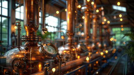 detailed closeup shot of a distillery with stainless steel distilling machines,generative ai
