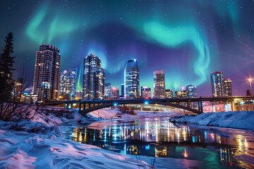 Fototapeta premium Cityscape under the Northern Lights, blending urban life with the mesmerizing beauty of the aurora boreal. Perfect for themes of wonder, modernity, and natural phenomena