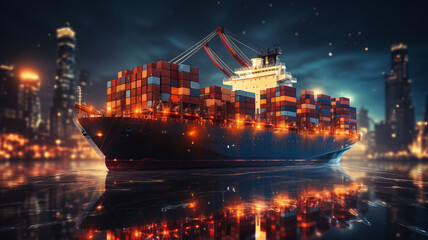 Obraz premium Container ship global business logistics import export freight shipping transportation, Container ship analysis, abstract graphic globe and chart information business.generative ai