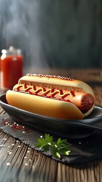 Delicious hot dog with ketchup on wooden table, closeup