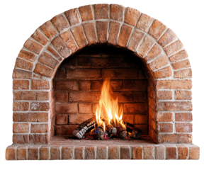A warm brick fireplace with a flickering flame, perfect for cozy atmospheres and seasonal decor. isolated on white background. 