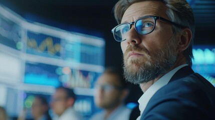 Focused businessman with glasses analyzing financial data on screens in a modern office environment with colleagues in the background.