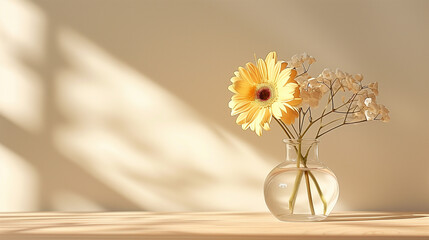 Sunlit yellow flower arrangement in a clear glass vase with soft shadows