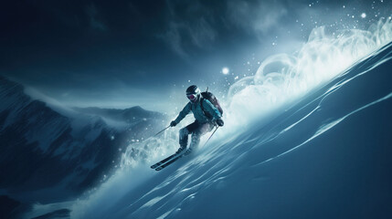 Skier on background of snow-covered mountain in rays of sun quickly descends. AI generated.