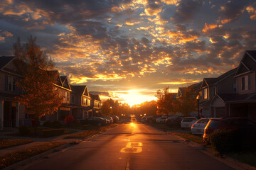 Obraz premium A sleepy neighborhood waking up to the sunrise, Monday morning, peaceful and serene
