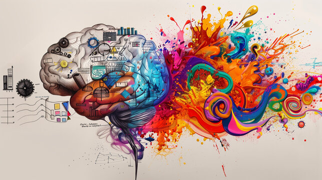 Vibrant artistic representation of a brain with splashes of color and abstract elements