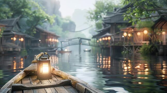 Wooden boat with a lantern gently floating on a calm river, with charming houses lining the banks and creating a picturesque and ser Seamless looping 4k time-lapse virtual video animation Generated AI