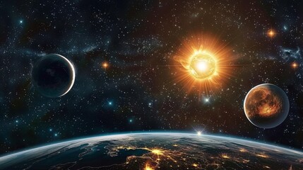 Explore the breathtaking beauty of our solar system with this sharp focus image of the Sun, Moon, and Earth.
