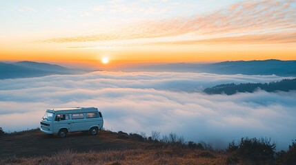 A classic van is parked on top of a mountain, with the sunrise and fog and mountains as a backdrop in the morning. Winter viewpoint, sea of fog. Leave space for text