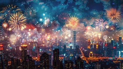 Obraz premium Night Sky Fireworks Celebration: A mesmerizing panorama of a modern cityscape bathed in the radiant glow of a dazzling firework display. 