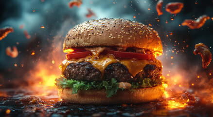 A colossal hamburger with golden buns, a perfectly grilled meat patty, fresh lettuce and tomato slices,generative ai