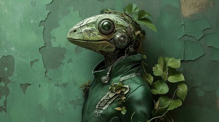Reptilian-Inspired Hybrid with Robotic Head: A Stunning Poster for Sports Interiors, Captivating Detail and Contrast Against Cracked Green Wall Perfect for Unique Home Decor!