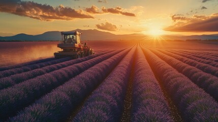 Fototapeta premium A harvesting machine collects lavender in neatly aligned rows at sunset, creating a tranquil agricultural scene