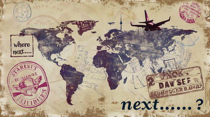 Obraz premium Vintage world map with travel stamps and an airplane silhouette