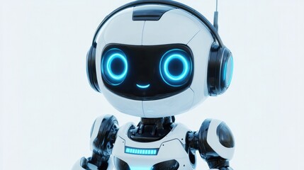 Cute robot with a headset, standing by to assist users virtually. Friendly and approachable on white background