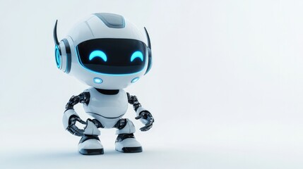 Cute robot with a sleek headset, poised to assist users virtually. Friendly and approachable on a white background