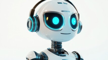 Friendly robot in a headset, cheerful and ready to provide virtual assistance. Isolated on a white background