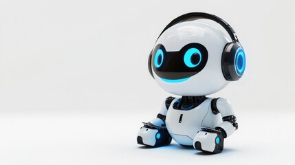 Friendly robot with headphones and microphone, smiling and ready to assist. Isolated on white background
