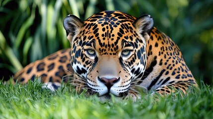 Obraz premium A jaguar is seen sitting in the grass seemingly waiting for prey