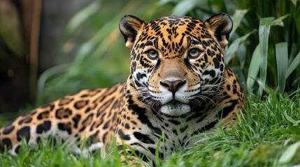 Obraz premium A jaguar is seen sitting in the grass seemingly waiting for prey