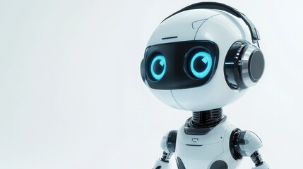 Robot assistant with big eyes, wearing a headset, prepared to provide help. White background with a welcoming expression