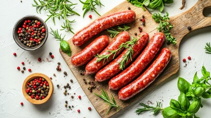 Raw sausages on the wooden board