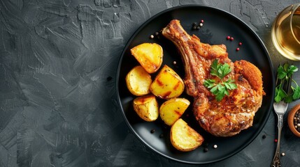 traditional Polish breaded and fried pork chop with roasted potatoes . copy space