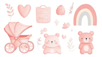 Fototapeta premium Charming pink toy set, featuring vector illustrations of a stroller, bear, and rainbow on a clean white background