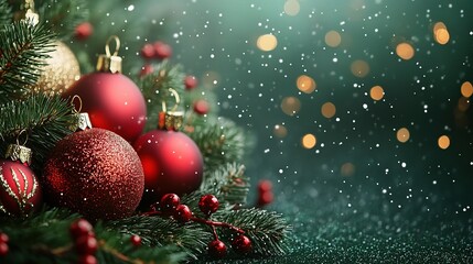 Merry Christmas background with festive red and green decorations